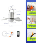 Diagram of 17 Inch Ceiling Fan With Light And Remote Battery Powered Outdoor Hanging Fan For Gazebo Patio RV Camp Tent Greenhouse Porch Chicken Coop USB C Fast Charge 10800mAh Long Lasting Battery And All Day Breeze showing dimensions, USB-C input, adjustable angle, detachable blade, and remote control.