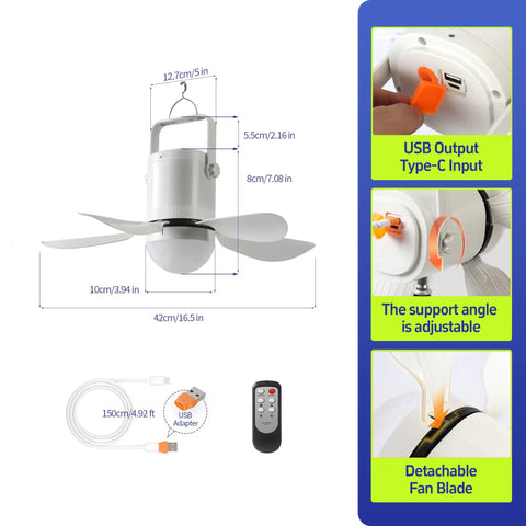 Diagram of 17 Inch Ceiling Fan With Light And Remote Battery Powered Outdoor Hanging Fan For Gazebo Patio RV Camp Tent Greenhouse Porch Chicken Coop USB C Fast Charge 10800mAh Long Lasting Battery And All Day Breeze showing dimensions, USB-C input, adjustable angle, detachable blade, and remote control.