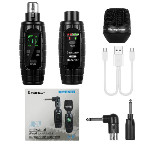 Wireless XLR Transmitter And Receiver System With 48V Phantom Power, 0V/5V/48V Switchable, 16-Channel UHF, accessories included