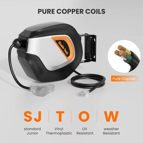Heavy Duty Retractable Power Cord Reel 50ft 12AWG 3C SJTOW Cable With Wall Or Ceiling Mount Lighted Triple Tap For Garage Or Shop Durable Polypropylene Case