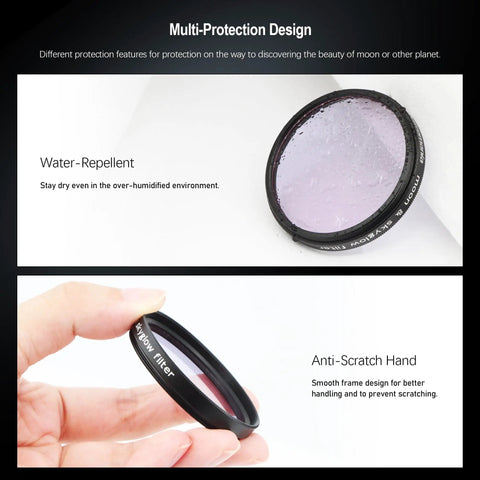 Moon Filter 2 Inch for Telescopes, Cuts Moon Glow and Glare, showcases water-repellent and anti-scratch design features.