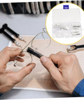 Person using an Eyeglass Repair Kit With Silicone Nose Pads Screws And Ear Grips In An Organized Case For Quick Access To Essential Accessories Portable Easy To Use Must Have All In One Gear For Home Or Travel.