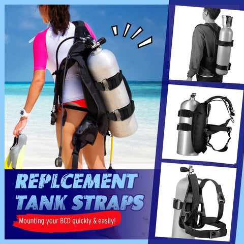 Diver using Two Pack Scuba Tank Holder Straps With Adjustable Webbing Belt And ABS Cam Buckles Anti Slip Pad For Universal Dive Gear