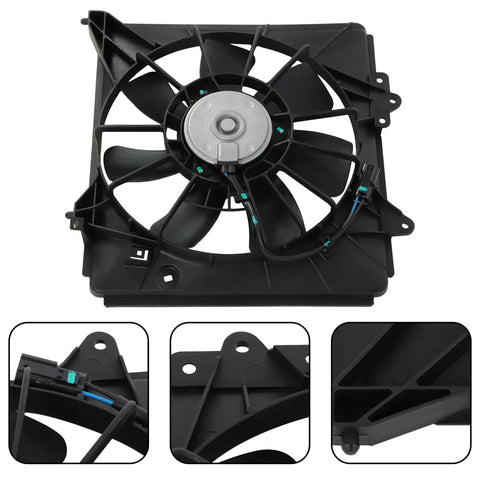 Direct Fit AC Condenser Cooling Fan Assembly Passenger Side Replacement For Honda Fit 2009 Through 2014 close-up view of fan blades and motor.