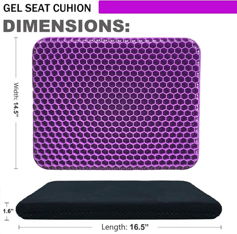 Ultra Comfy Gel Seat Cushion With Double Thick Egg Design And Non Slip Cover shown in purple, dimensions 16.5x14.5x1.6 inches.
