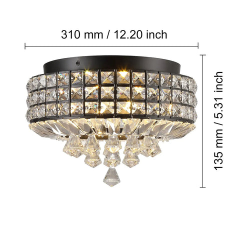 Dope Black K9 Crystal Flush Mount Chandelier 4 Light Ceiling Fixture With Metal Round Shade For Hallway Bedroom Living Room Kitchen Dining Room Foyer G9 Bulbs 12 Inch, shown with dimensions