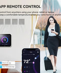 4 Inch Full Touch Screen Smart WiFi Thermostat TJ-560 With App Control display beside woman using smartphone