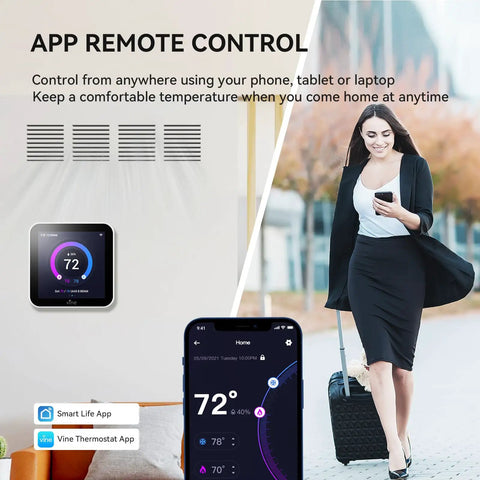 4 Inch Full Touch Screen Smart WiFi Thermostat TJ-560 With App Control display beside woman using smartphone