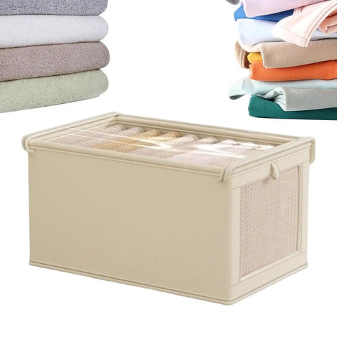 No Stress Foldable Storage Cubes With Heavy Duty Dual Handles For Thick Blankets Linens And Winter Jackets Fast To Flatten And Stack Away Every Single Day, beige fabric storage cube with clear top and stacked linens.
