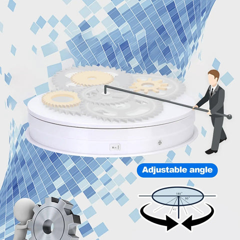 Stunning Motorized Rotating Display Stand With Vibrant LED Lights, 360 Spin Base For Jewelry And Watches, showing adjustable angle gears.
