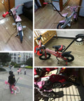 Collage of pink children's bikes with Nonslip Kiddo Friendly Bicycle Training Handle With Secure Mounting System attached.