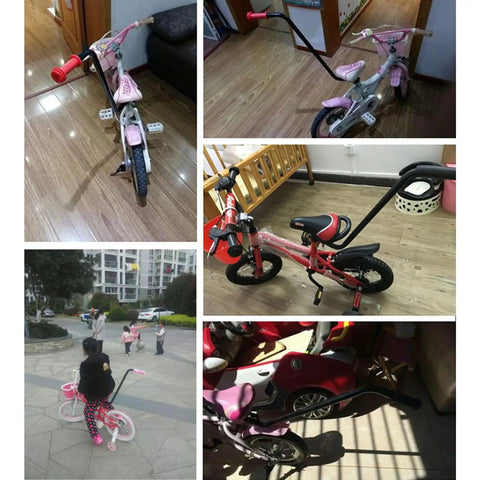 Collage of pink children's bikes with Nonslip Kiddo Friendly Bicycle Training Handle With Secure Mounting System attached.