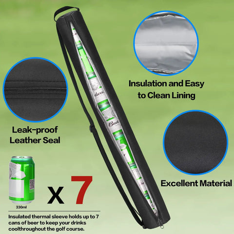 Seven Can Insulated Beer Sleeve Sling For Golf Bags Waterproof 600D Oxford Cooler With Thermal Insulation Easy To Clean Fits Most Golf Bags Beer Accessory For The Course And Easy Carry On The Go showing exterior and interior lining
