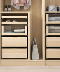 Open wardrobe showcasing 10 Pack Finger Edge Pull Handles 80mm Brushed Gold Aluminum Edge Pulls on kitchen drawers.