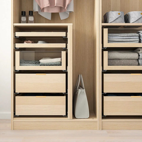Open wardrobe showcasing 10 Pack Finger Edge Pull Handles 80mm Brushed Gold Aluminum Edge Pulls on kitchen drawers.