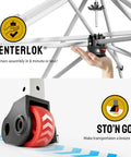 Close-up of Center Lock mechanism and red wheel for 12x12 Ft Pop Up Canopy Tent With Instant Center Lock, One Push Setup, UV Protection.