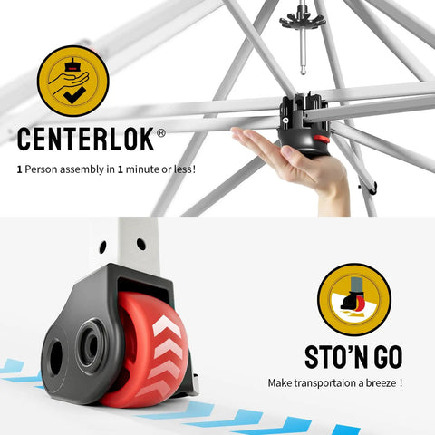 Close-up of Center Lock mechanism and red wheel for 12x12 Ft Pop Up Canopy Tent With Instant Center Lock, One Push Setup, UV Protection.