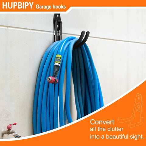 Heavy Duty Garage Hooks 4 Pack J Shaped Wall Mounted Hanger Organizer For Ladders Bikes Tires Hose And Tools Durable Steel Construction With Non Slip Rubber Ends For Maximum Stability holding blue hose
