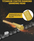 Titanium-coated diamond grinding head sharpening a chainsaw chain, part of the durable gold titanium chainsaw sharpener bits set.