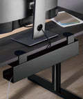 Under Desk Cable Management Tray Clamp-On No-Drill Metal Organizer For Cords And Wires installed on wooden desk