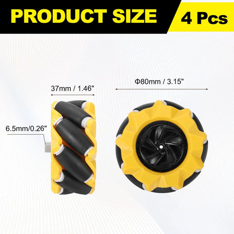 Side view of 4-pack MECCANIXITY yellow 80mm mecanum wheels with black hubs and ABS rubber rollers for DIY robot cars