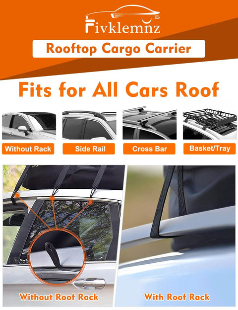 Rooftop Cargo Carrier Roof Bag Waterproof For All Vehicle Tops With Or Without Rack close-up of installation options.