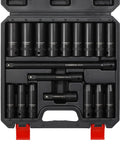Open case of Half Inch Drive Deep Impact Socket Set Cr-V Steel Metric 10Mm To 24Mm With 3 Inch 5 Inch And 10 Inch Extension Bars