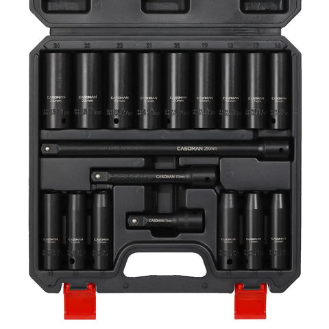 Open case of Half Inch Drive Deep Impact Socket Set Cr-V Steel Metric 10Mm To 24Mm With 3 Inch 5 Inch And 10 Inch Extension Bars