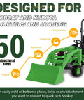 Green tractor with quick tach mount compatible with Bobcat and Kubota, designed for plows, forks, and attachments conversion