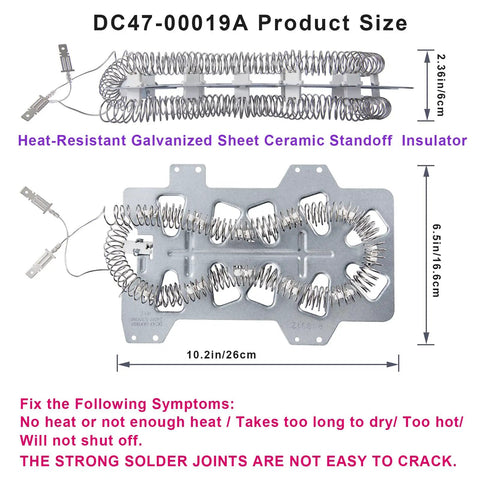 Dryer Repair Kit With Heating Element DC47-00019A installation size diagram for Samsung dryers with high-heat element.