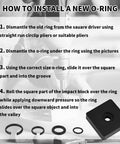 Instruction guide for installing O-rings with images of tools and rings from Heavy Duty Pro Grade Impact Retaining Ring Kit with O Rings and Anvil Tool for Electric and Pneumatic Wrenches 41 Piece Set of Friction Rings in Three Eighths and One Half Inch Sizes Carbon Steel and Rubber Sealing for a Tight Fit.