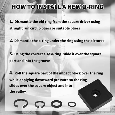 Instruction guide for installing O-rings with images of tools and rings from Heavy Duty Pro Grade Impact Retaining Ring Kit with O Rings and Anvil Tool for Electric and Pneumatic Wrenches 41 Piece Set of Friction Rings in Three Eighths and One Half Inch Sizes Carbon Steel and Rubber Sealing for a Tight Fit.