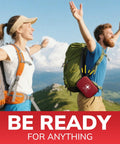 Red mini first aid kit with white cross, water-resistant hard case, attached to hiking waist pack.