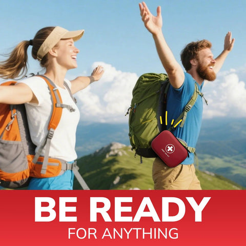 Red mini first aid kit with white cross, water-resistant hard case, attached to hiking waist pack.