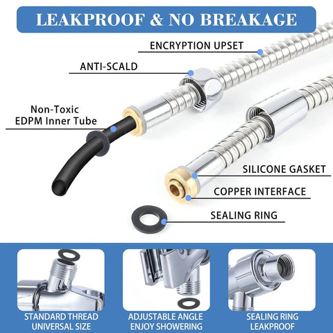 Detail of Super Flexible Expandable Shower Hose 69 Inch Extra Long For Bathing And Toilet Cleaning Leakproof Water Hose Extension With Adjustable Holder Blue Finish