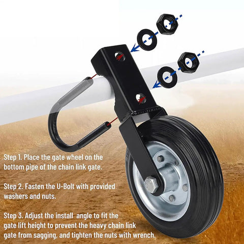 Heavy Duty Anti Sag Swinging Gate Roller Wheel Featuring Adjustable U Bolt Mount For Barn And Driveway Gates, installation steps shown.