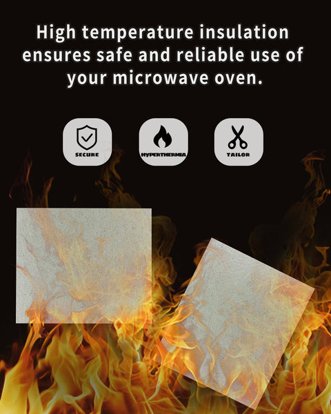 10 Pack Waveguide Cover Mica Sheets for Microwaves displayed with heat insulation features and flames, size 150x120mm