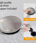 Close-up of high-quality pop drain stopper included with Lead Free Brushed Nickel 4 Inch Two Handle Bathroom Sink Faucet.