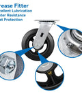 Heavy Duty 6 Inch Plate Caster Wheels With Rubber On Cast Iron Core, featuring grease fitter for lubrication and rust protection.