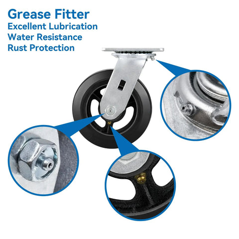 Heavy Duty 6 Inch Plate Caster Wheels With Rubber On Cast Iron Core, featuring grease fitter for lubrication and rust protection.
