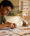 Luminous 3D Puzzle Globe Kit With USB Rotation Wooden Globe Craft For Adults And Teens 5 Hour Assembly Challenge Science Geography Desk Decor Unique Gift For Travel Lovers And Puzzle Fans, 11.81-inch wooden globe