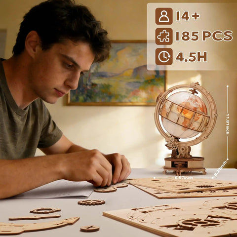 Luminous 3D Puzzle Globe Kit With USB Rotation Wooden Globe Craft For Adults And Teens 5 Hour Assembly Challenge Science Geography Desk Decor Unique Gift For Travel Lovers And Puzzle Fans, 11.81-inch wooden globe