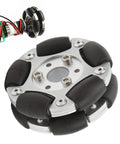 Front view of 60mm aluminium alloy omni wheel with black rubber rollers for 360° robot motion