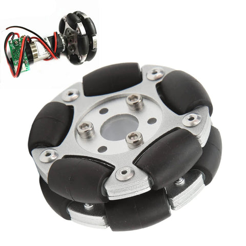 Front view of a 60mm aluminium omni wheel with rubber rollers for robot projects