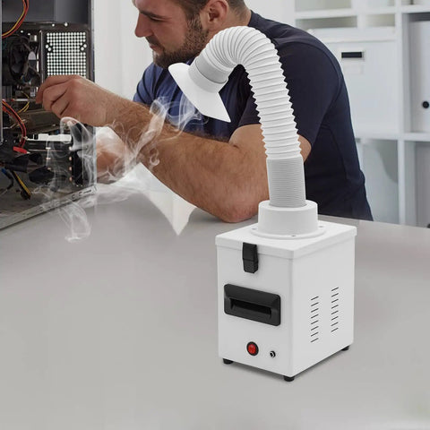 Game Changing Soldering Fume Extractor Benchtop Smoke Purifier with HEPA Carbon Filter in use with electronics.