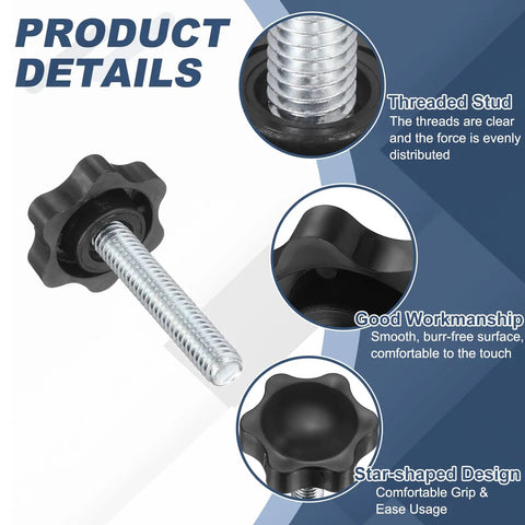 Rock Solid 5/16-18 Black Star Knobs 5 Pack Heavy Duty Plastic Male Thread Clamping Screws For Industrial Furniture And Jigs No Sweat Hand Tightening Replacement Kit with threaded stud and star-shaped design.