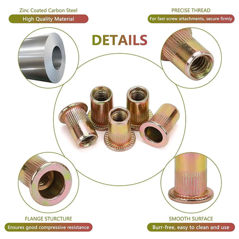 Badass M6 Rivet Nuts Flat Head Threaded Inserts Knurled Zinc Plated Carbon Steel Metric Nutserts for auto repair and furniture.