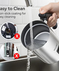 Person rinsing Electric Milk Frother For Home Coffee Barista-Quality Foam In Seconds Hot Or Cold Stainless Steel Warmer with water
