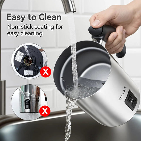 Person rinsing Electric Milk Frother For Home Coffee Barista-Quality Foam In Seconds Hot Or Cold Stainless Steel Warmer with water