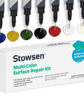 All-In-One Surface Repair Kit For Chips And Scratches Fix It Fast At Home On Tiles Countertops And Bathroom Fixtures Works On Porcelain Granite Marble Quartz Fiberglass And More with multi-color tubes and label showing product box.